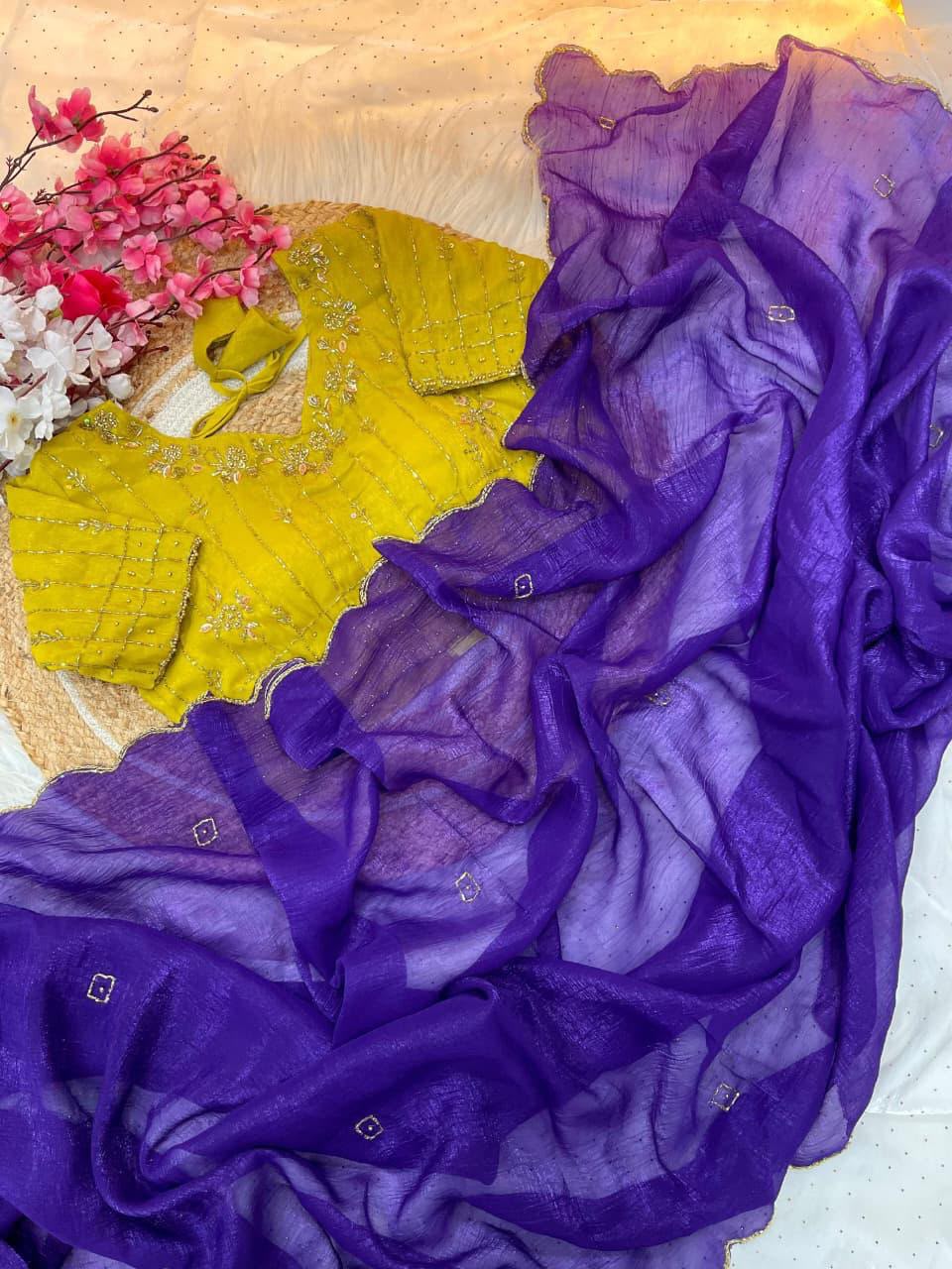 Purple Crunchy Silk Saree with a Contrast Mustard Yellow stitched Blouse in Germany
