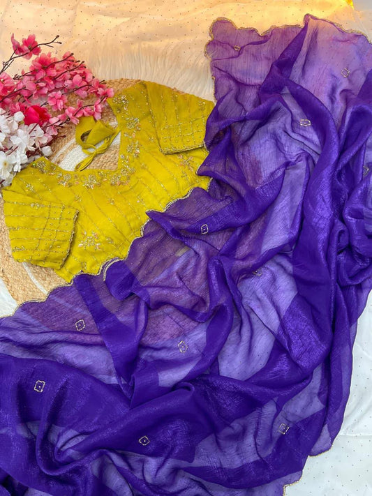 Purple Crunchy Silk Saree with a Contrast Mustard Yellow stitched Blouse in Germany