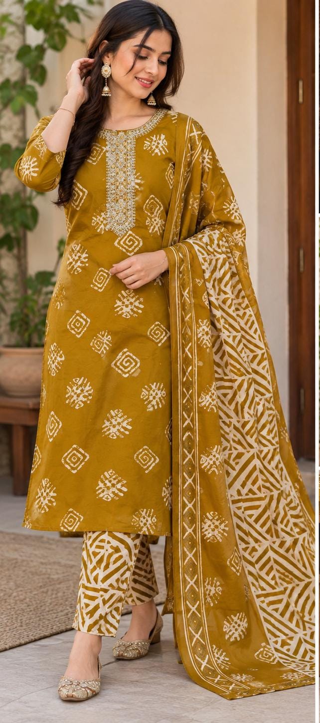 Mustard Yellow Printed Cotton Kurta Set with Dupatta in Berlin