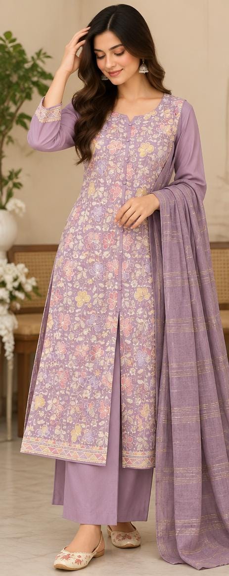 Lavender Floral Print Straight Kurta Set with Palazzo and Dupatta in Berlin