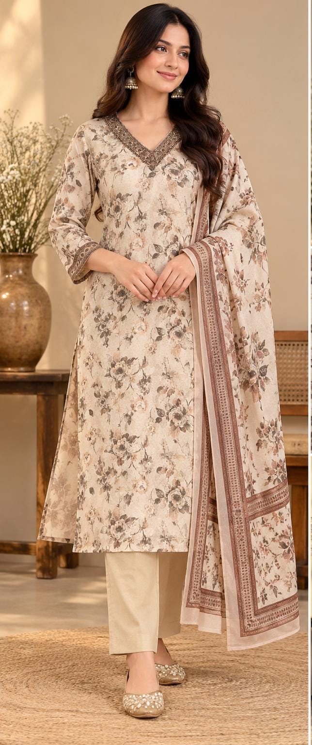 Cream Pure Cotton Floral Printed Suit Set in Berlin