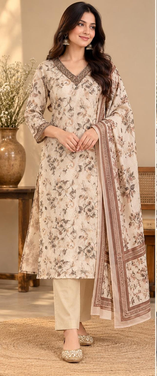 Cream Pure Cotton Floral Printed Suit Set in Berlin