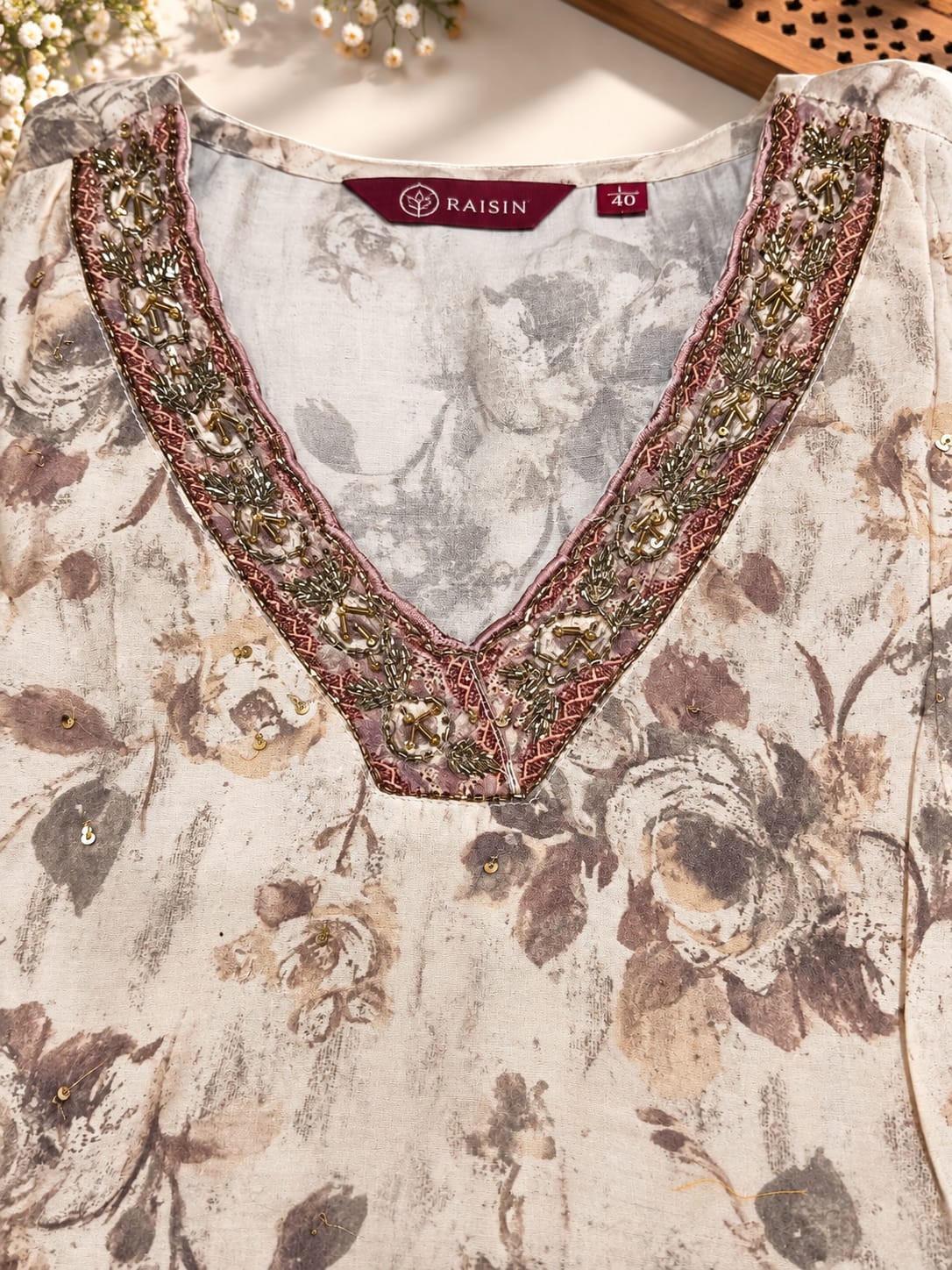 Cream Pure Cotton Floral Printed Suit Set in Berlin