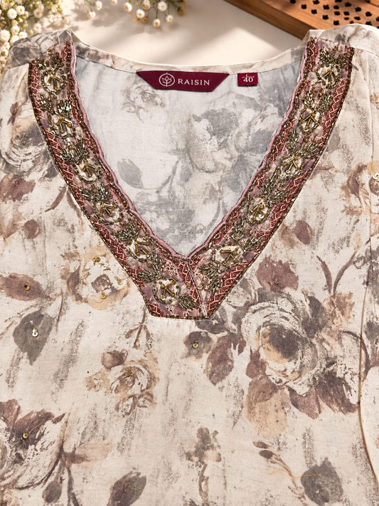 Cream Pure Cotton Floral Printed Suit Set embroidery and fabric detail - Neha Couture Indian Fashion