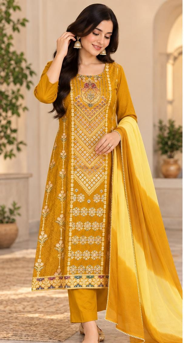 Elegant Mustard Yellow Embroidered Straight Kurti Suit Set in Berlin