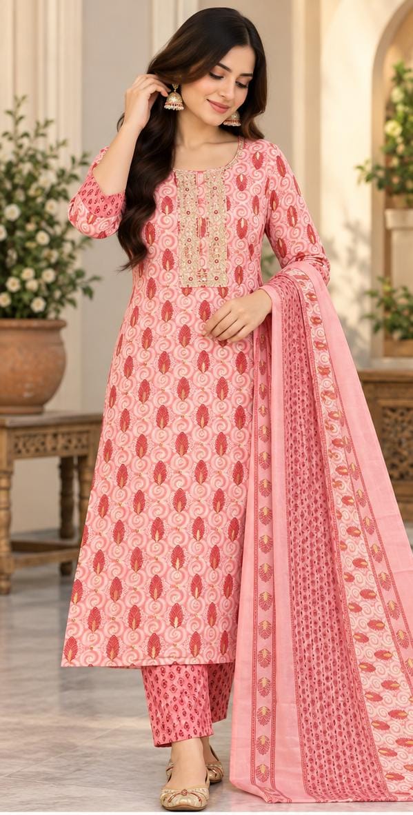 Women's pink floral block print pure cotton kurta set with pant and dupatta in Berlin