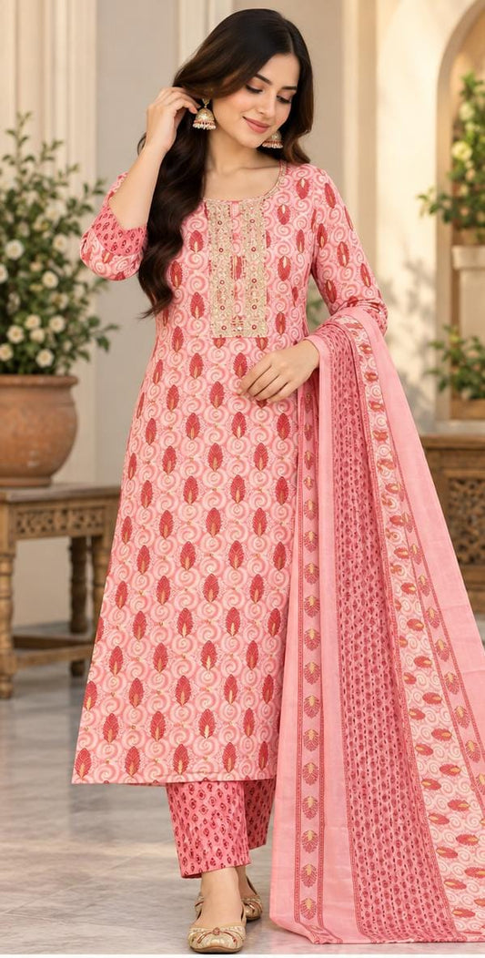 Women's pink floral block print pure cotton kurta set with pant and dupatta in Berlin