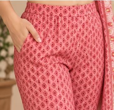 Women's pink floral block print pure cotton kurta set with pant and dupatta in Berlin