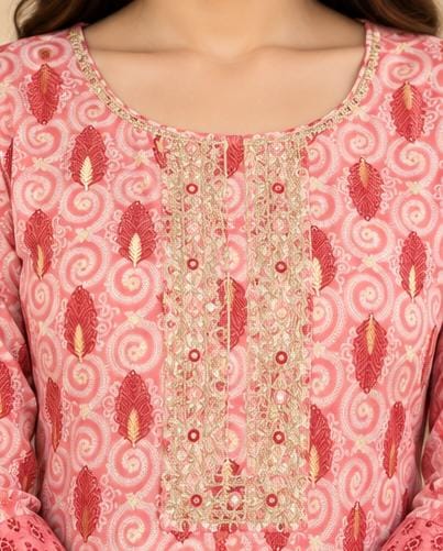 Women's pink floral block print pure cotton kurta set with pant and dupatta in Berlin