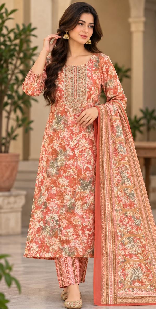 Beige & Peach Cotton Floral Print Kurta Pant Set With Dupatta in Berlin