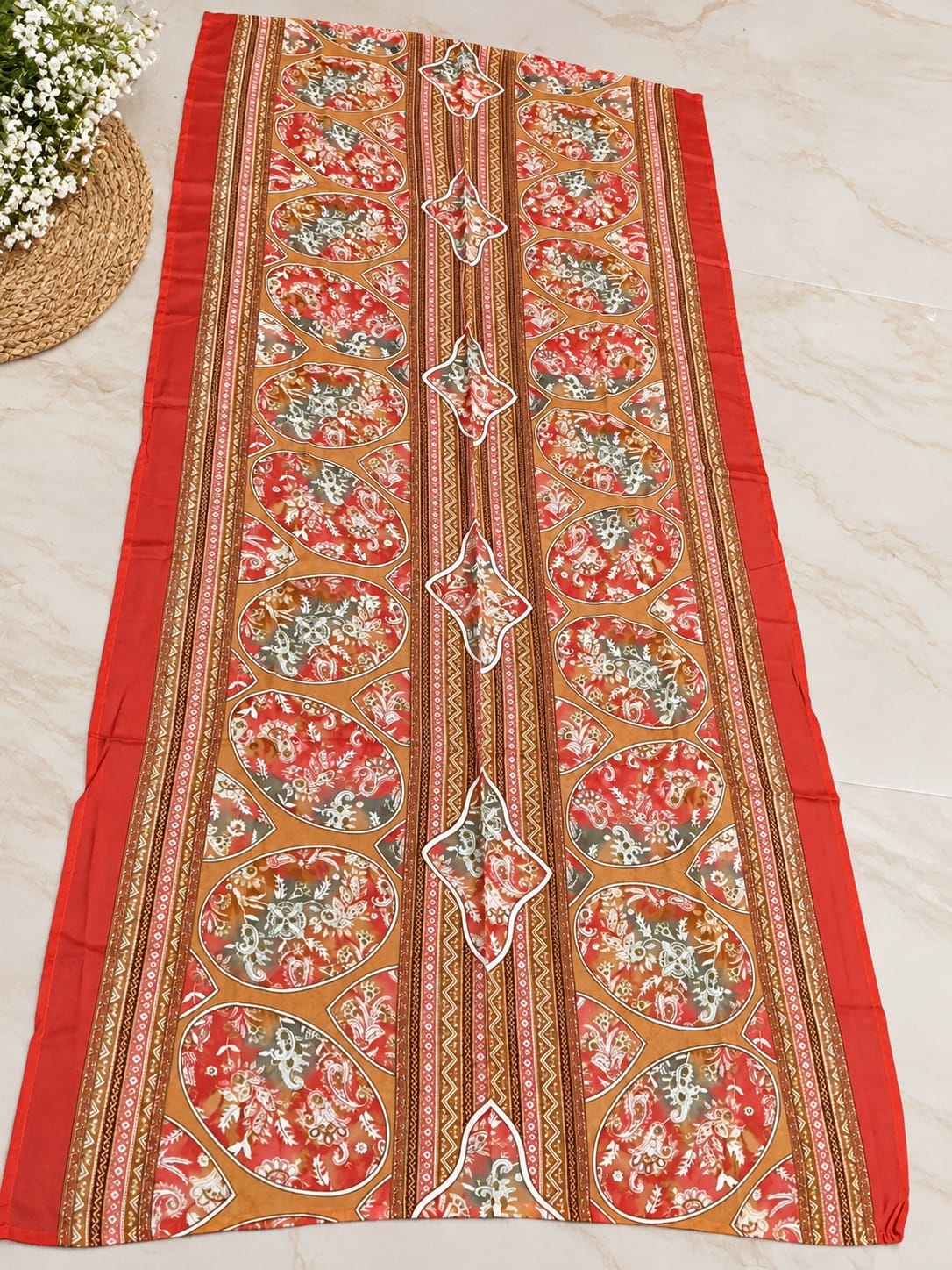 Beige & Peach Cotton Floral Print Kurta Pant Set With Dupatta in Berlin