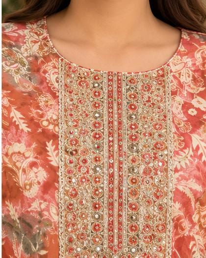 Beige & Peach Cotton Floral Print Kurta Pant Set With Dupatta in Berlin