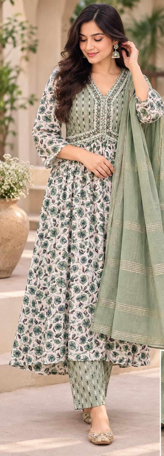 Sage green and off-white floral printed Anarkali suit set  in Berlin