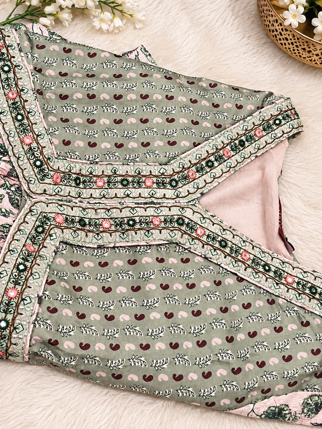 Sage green and off-white floral printed Anarkali suit set  in Berlin