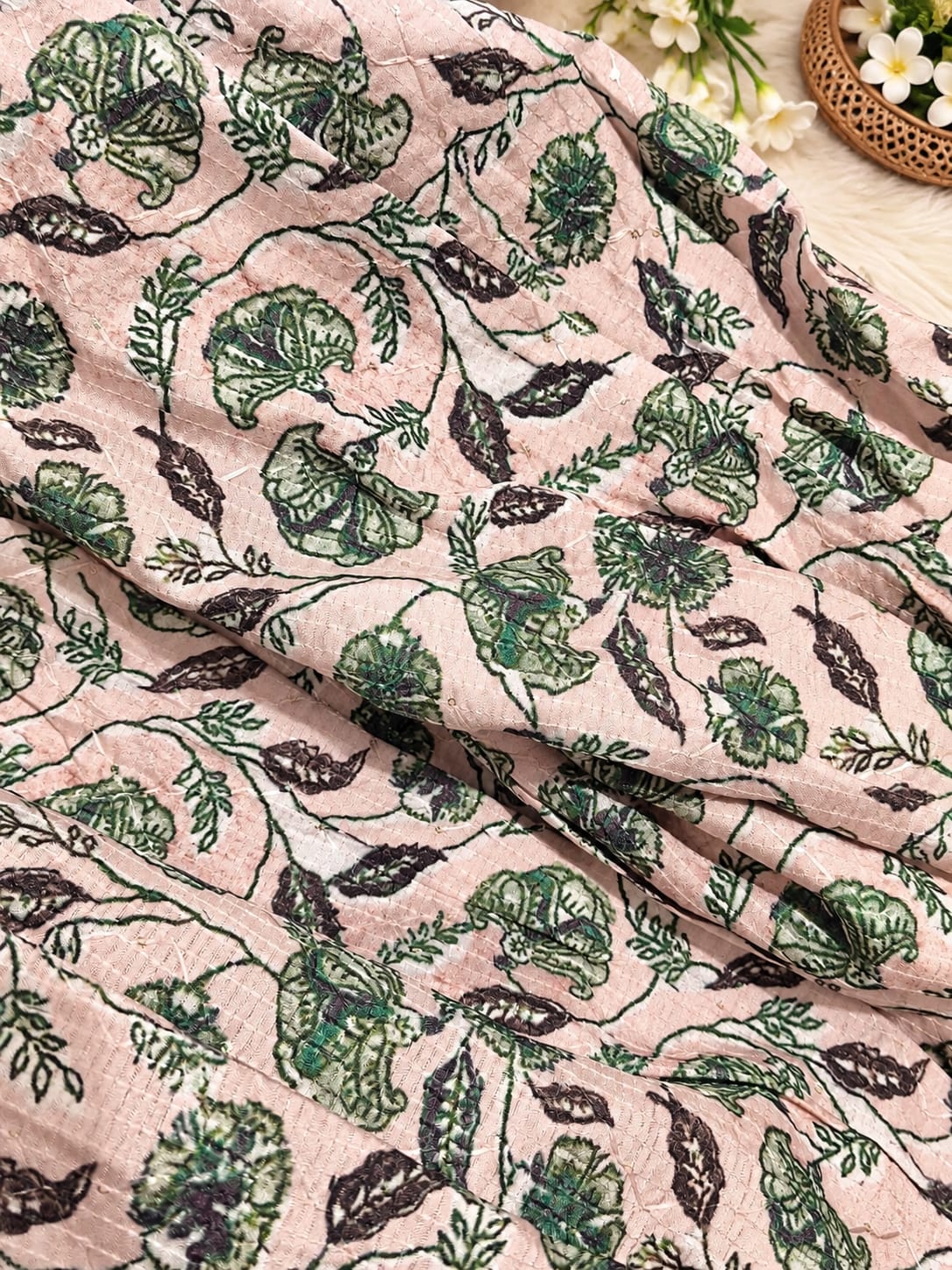 Sage green and off-white floral printed Anarkali suit set  in Berlin