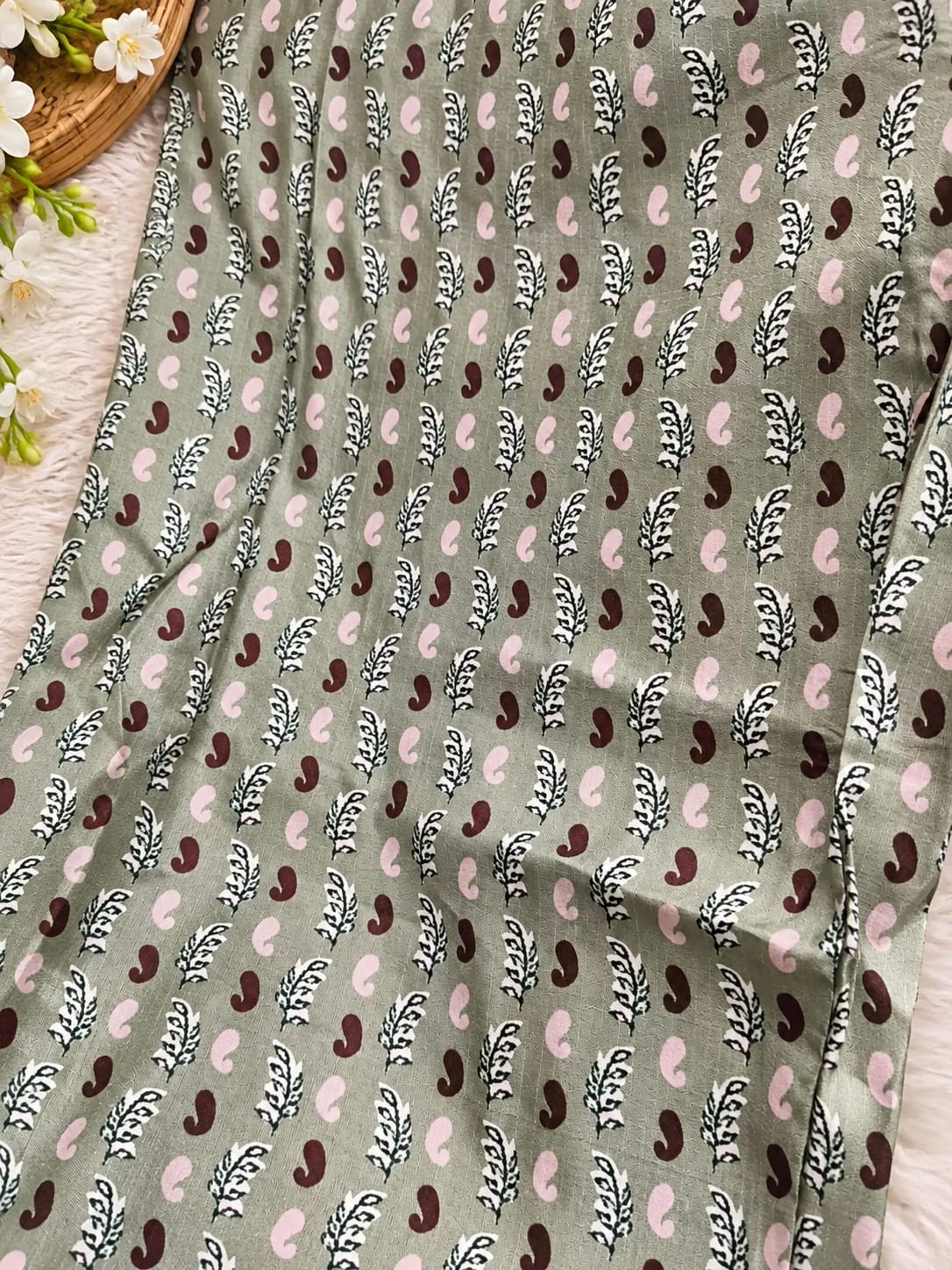 Sage green and off-white floral printed Anarkali suit set  in Berlin