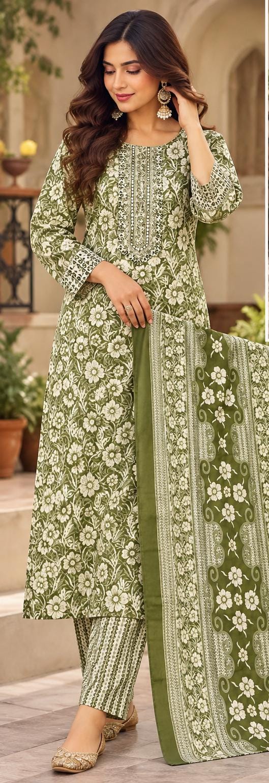 Green Floral Printed Cotton Blend Straight Suit Set With Dupatta in Berlin