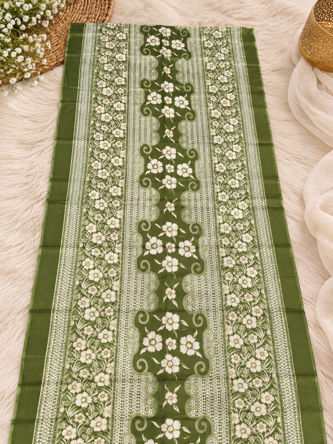 Green Floral Printed Cotton Blend Straight Suit Set With Dupatta in Berlin