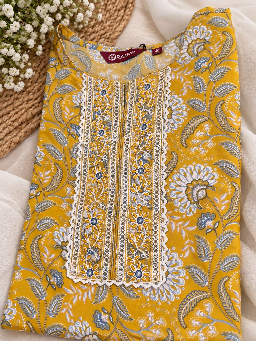 Mustard Floral Printed Cotton Blend Straight Suit Set with Dupatta in Berlin