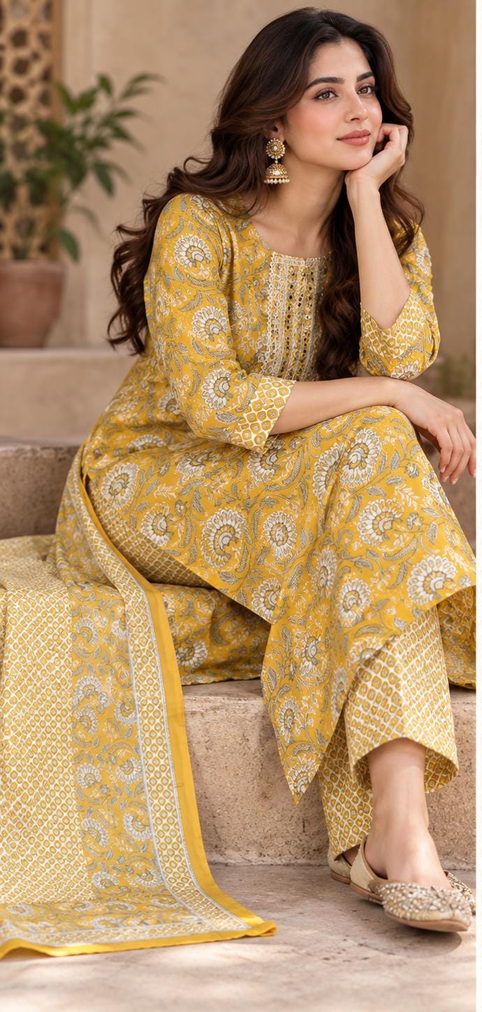 Mustard Floral Printed Cotton Blend Straight Suit Set with Dupatta in Berlin