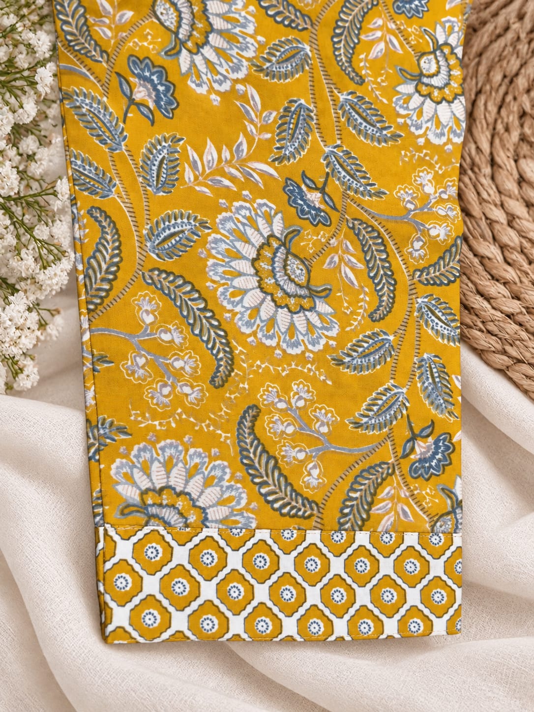Mustard Floral Printed Cotton Blend Straight Suit Set with Dupatta in Berlin