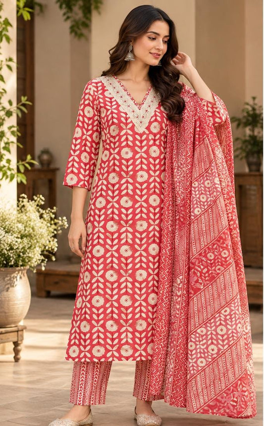 Women's Red Printed Cotton Kurta Pant Set with Dupatta in Berlin