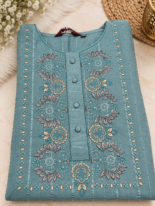 Teal Blue Embroidered Cotton  Kurta Set with Pants & Dupatta in Berlin