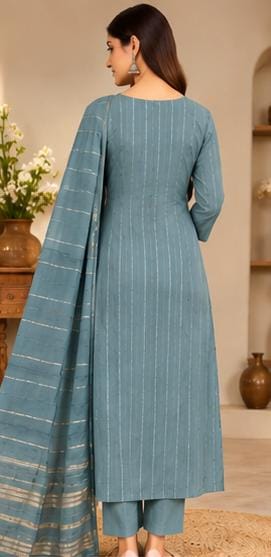 Teal Blue Embroidered Cotton  Kurta Set with Pants & Dupatta in Berlin
