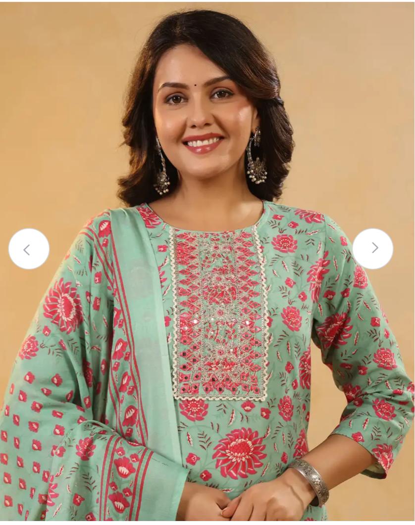 Sea Green Floral Printed Cotton Straight Kurta Set with Trousers & Dupatta in Berlin
