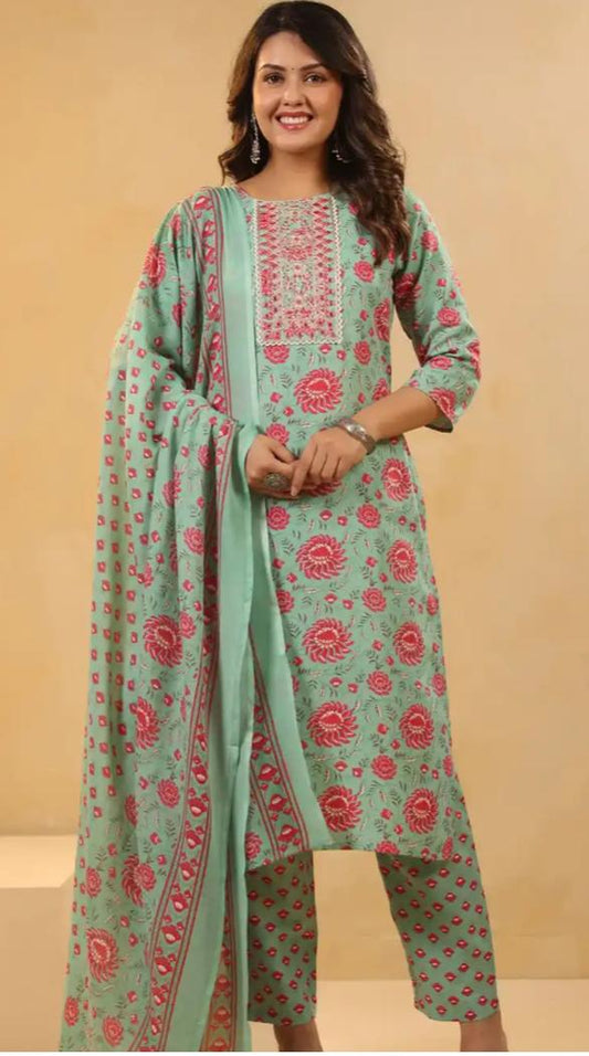 Sea Green Floral Printed Cotton Straight Kurta Set with Trousers & Dupatta in Berlin