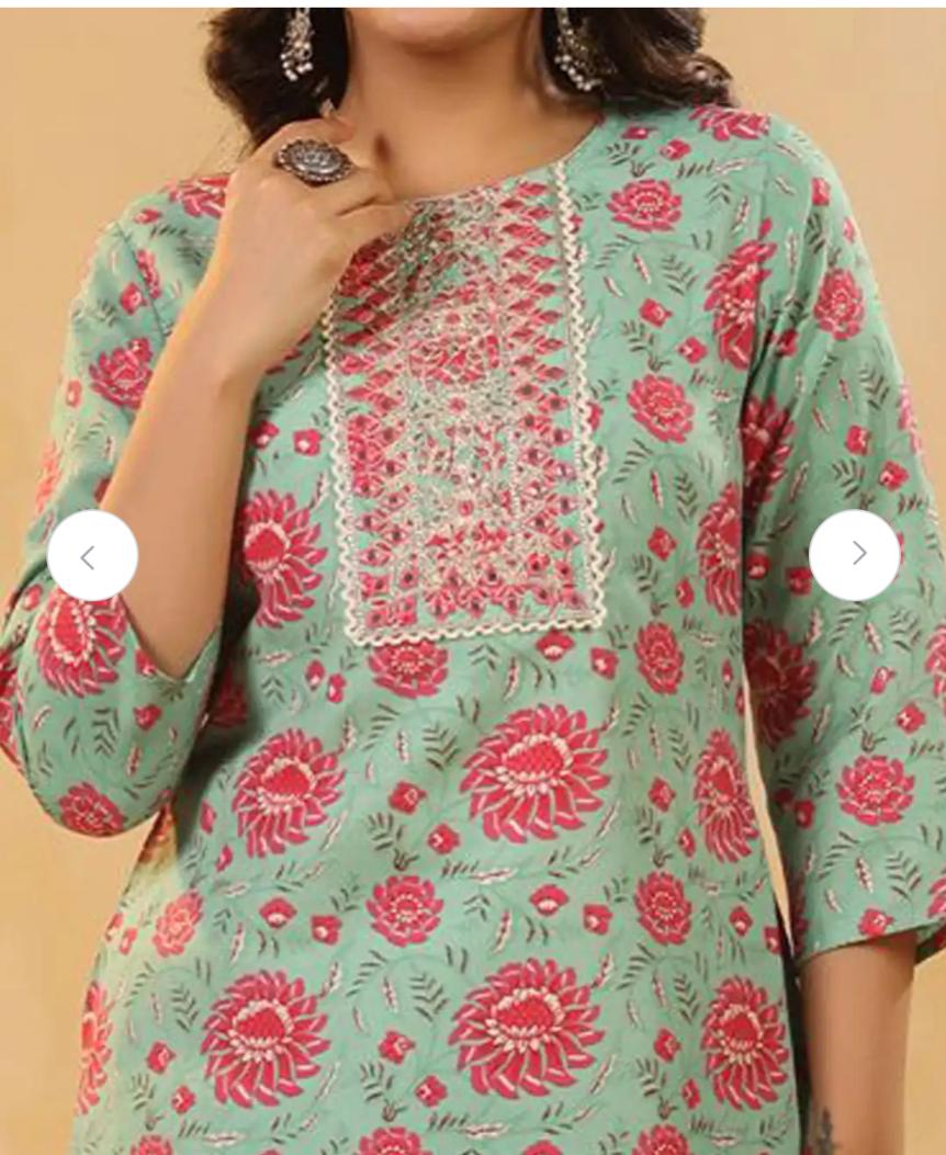 Sea Green Floral Printed Cotton Straight Kurta Set with Trousers & Dupatta in Berlin
