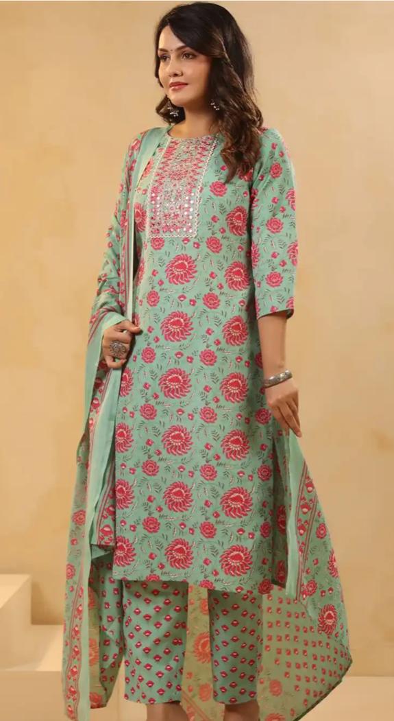 Sea Green Floral Printed Cotton Straight Kurta Set with Trousers & Dupatta in Berlin