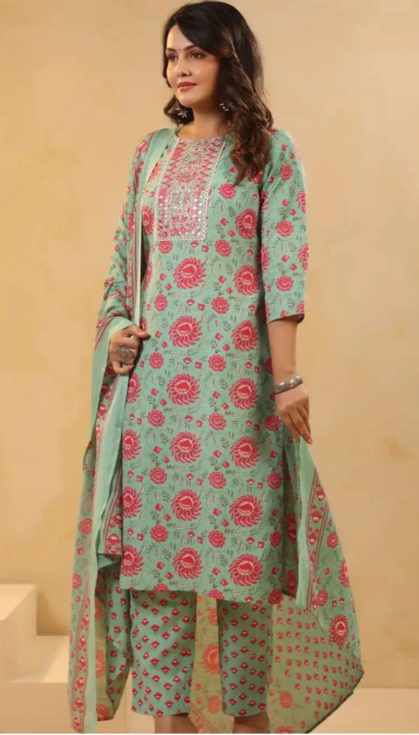 Sea Green Floral Printed Cotton Straight Kurta Set with Trousers & Dupatta in Berlin