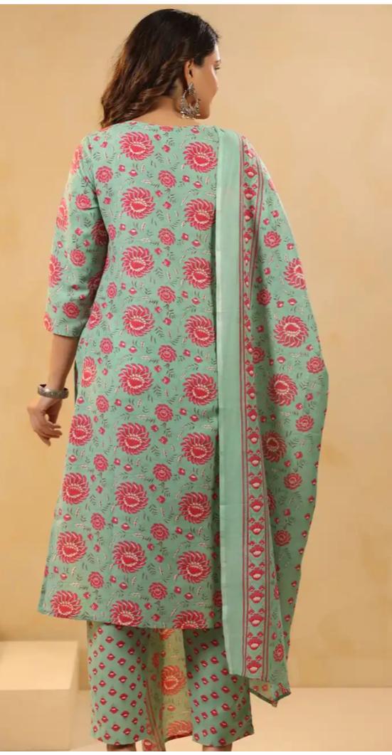 Sea Green Floral Printed Cotton Straight Kurta Set with Trousers & Dupatta in Berlin