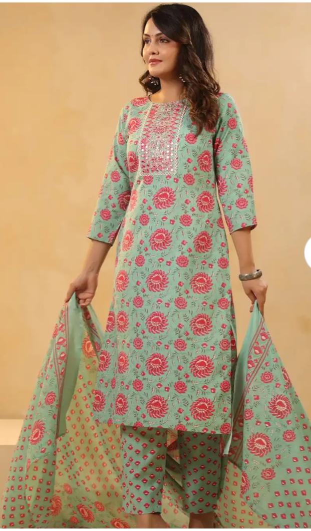 Sea Green Floral Printed Cotton Straight Kurta Set with Trousers & Dupatta in Berlin