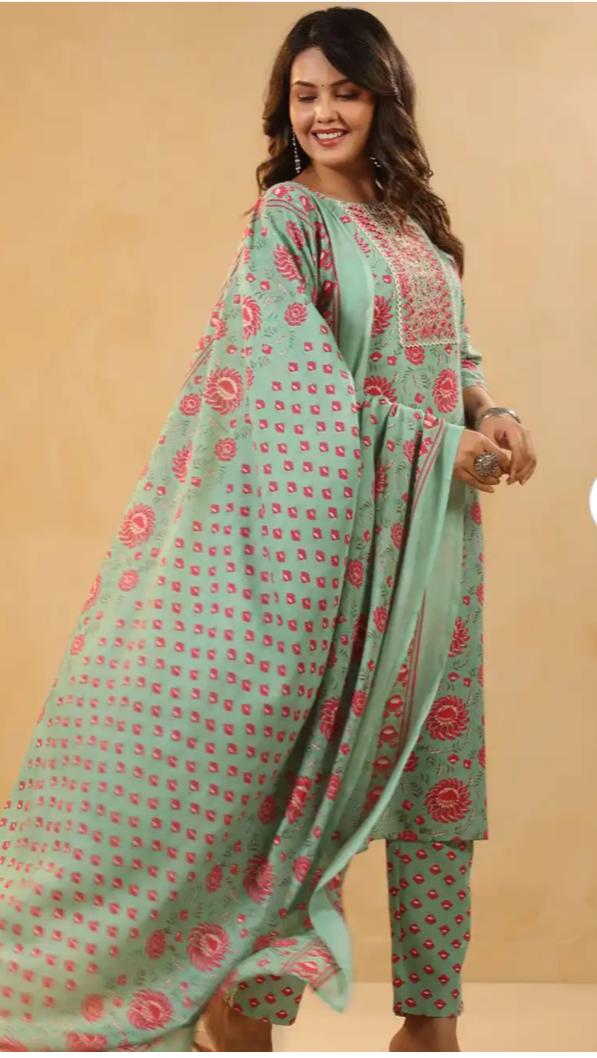 Sea Green Floral Printed Cotton Straight Kurta Set with Trousers & Dupatta in Berlin