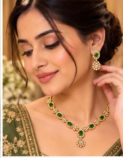 Traditional Gold-Plated Emerald and American Diamond Floral Necklace and Earrings in Germany