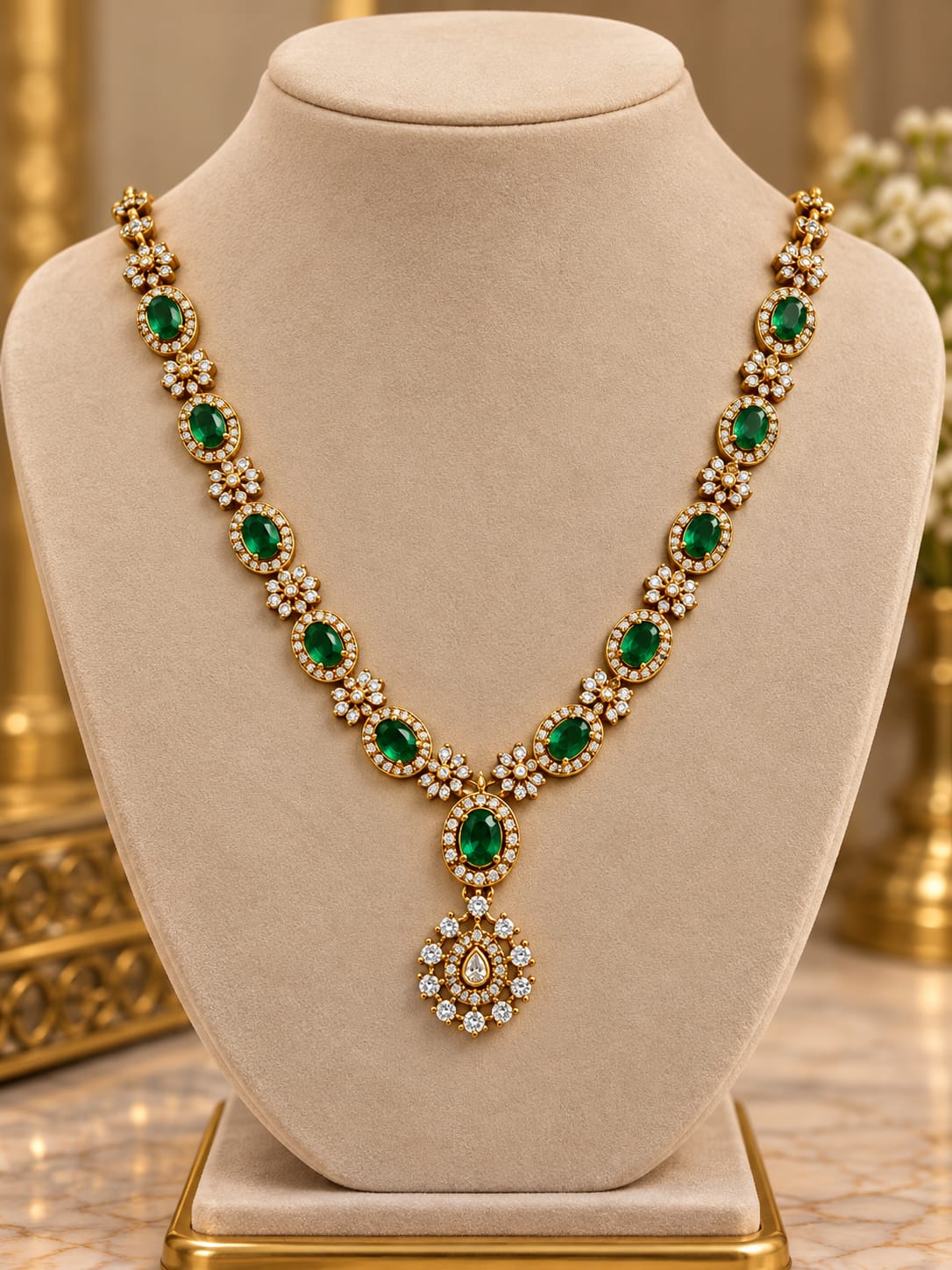 Traditional Gold-Plated Emerald and American Diamond Floral Necklace and Earrings in Germany