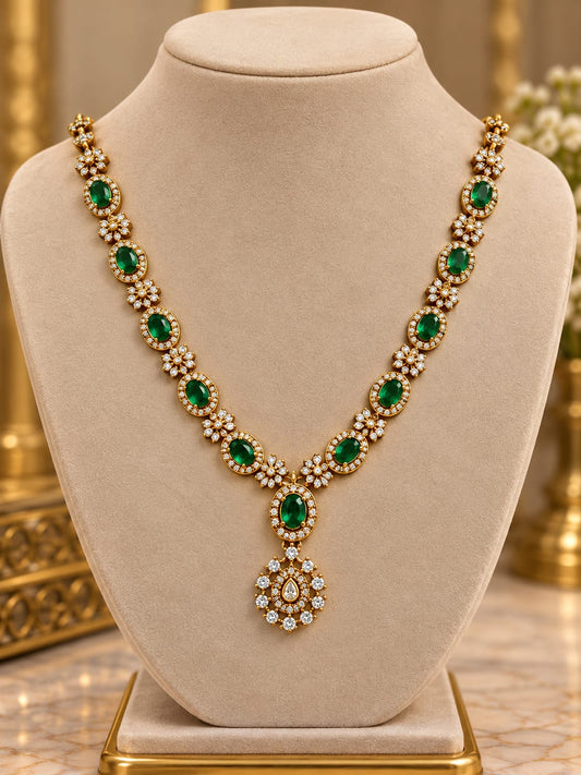 Traditional Gold-Plated Emerald and American Diamond Floral Necklace and Earrings - Neha Couture Indian Fashion