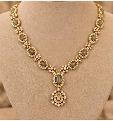 Traditional Gold-Plated Emerald and American Diamond Floral Necklace and Earrings in Germany