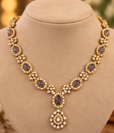 Traditional Gold-Plated Emerald and American Diamond Floral Necklace and Earrings in Germany