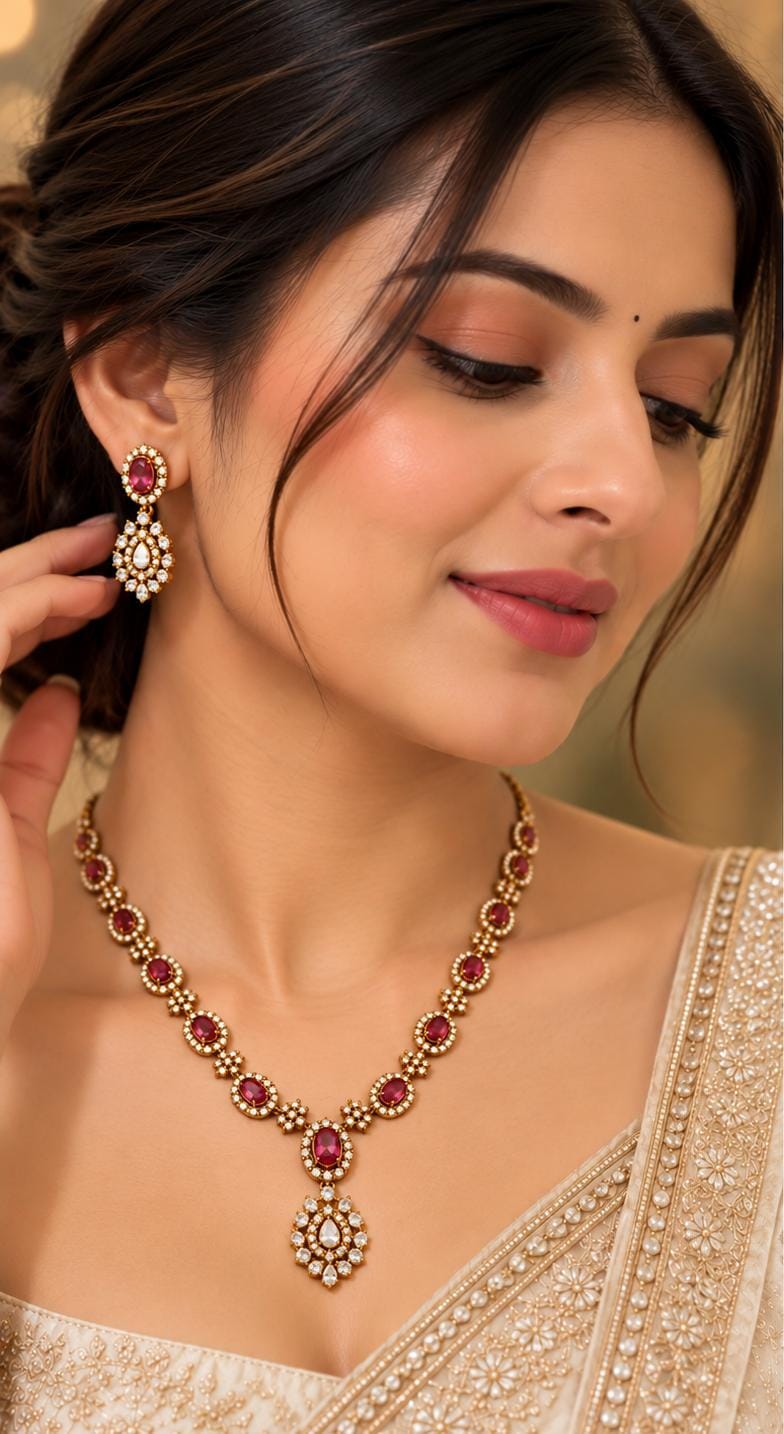 Traditional Gold-Plated Emerald and American Diamond Floral Necklace and Earrings in Germany