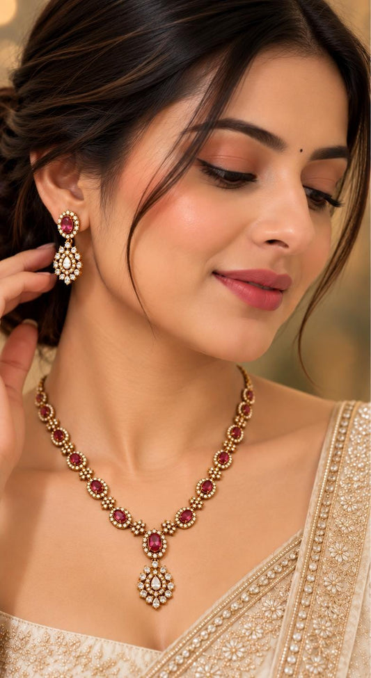 Traditional Gold-Plated Emerald and American Diamond Floral Necklace and Earrings in Germany