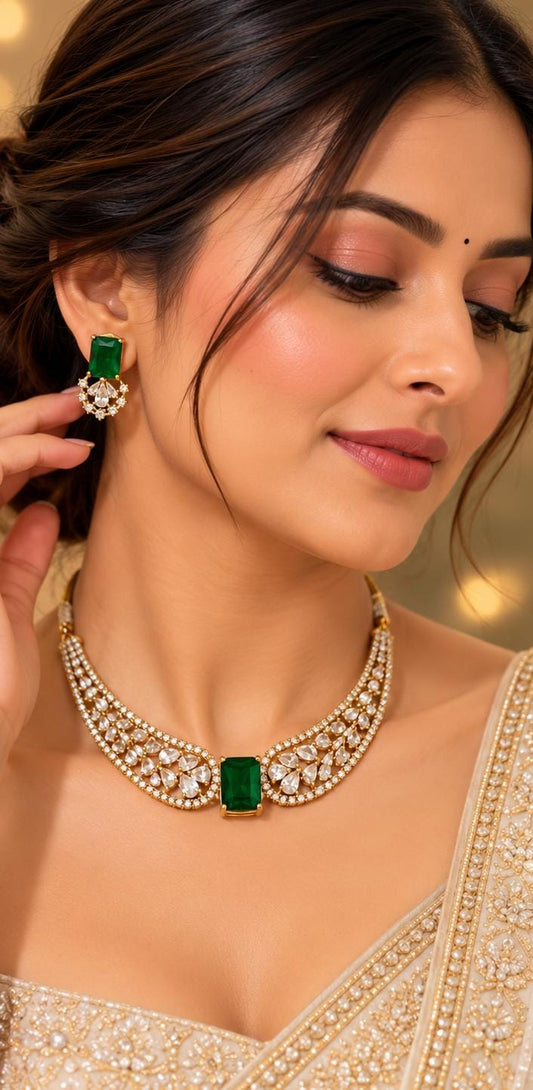 Elegant Emerald and American Diamond Choker Necklace Set in Germany