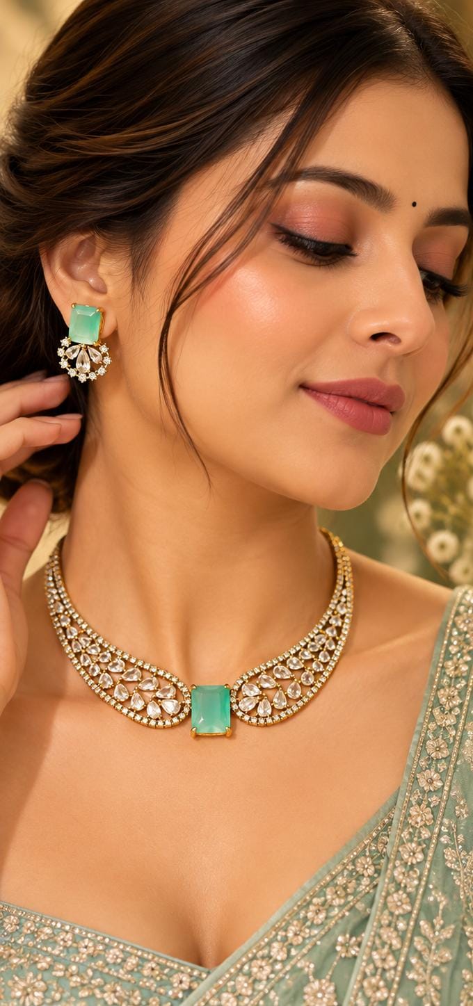 Elegant Emerald and American Diamond Choker Necklace Set in Germany