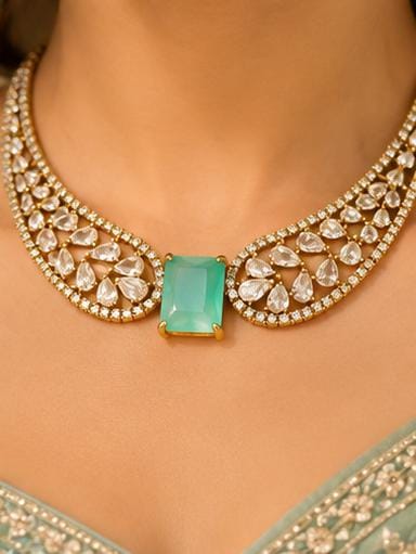 Elegant Emerald and American Diamond Choker Necklace Set in Germany