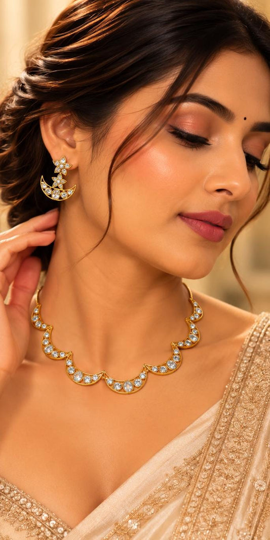 Gold-Plated Polki Kundan Celestial Crescent Scallop Choker Set in Germany