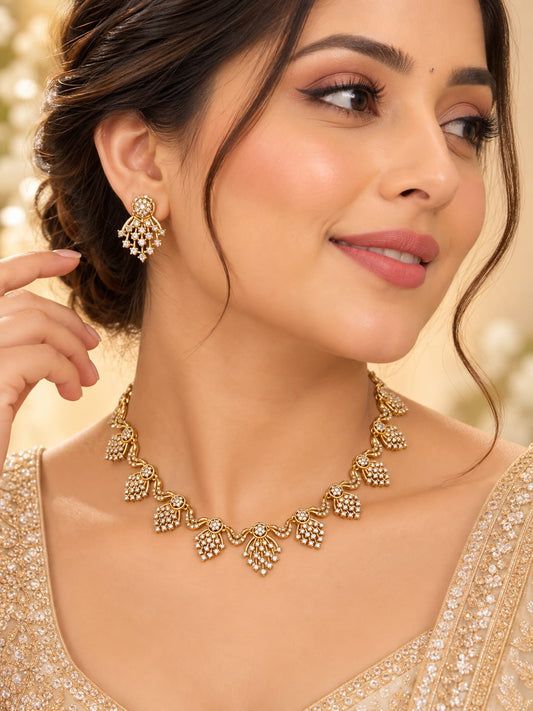 Gold-Plated American Diamond Floral Leaf Necklace & Earring Set in Germany
