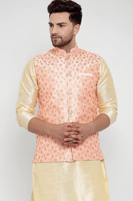 Men's Silk Embroided Kurta set with Nehru Jacket front drape view - Neha Couture Berlin