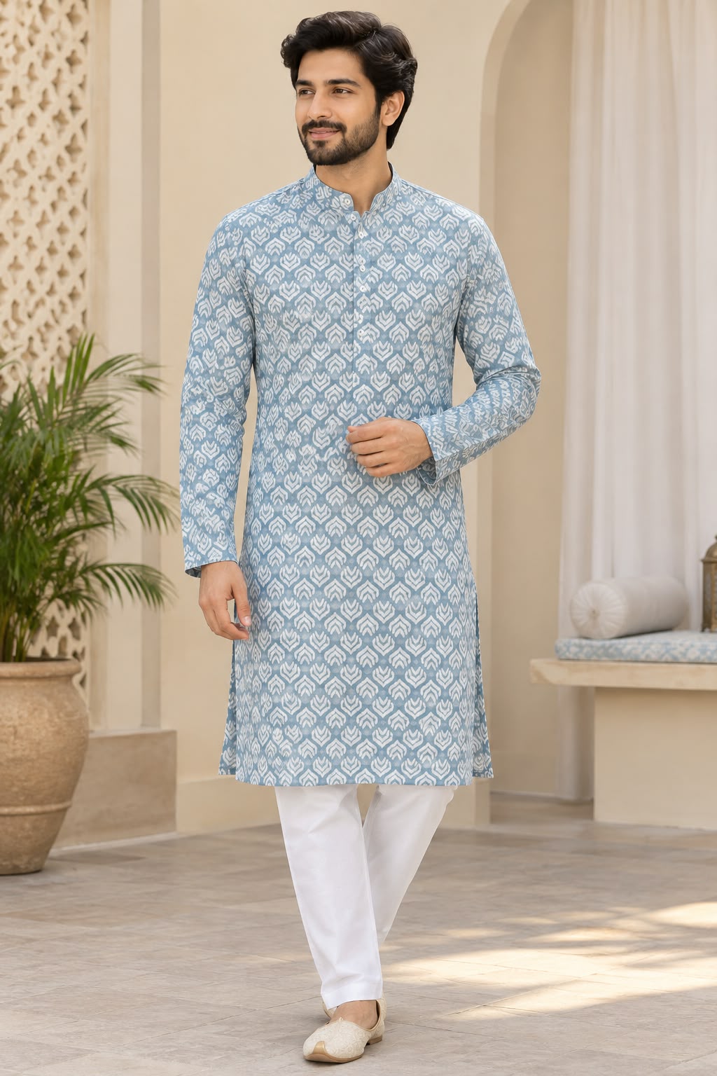 Men's Traditional Light Blue Ikat/Geometric Printed Regular Fit Straight Kurta with Pent in Berlin